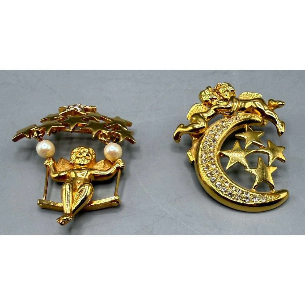 Vintage Gold Tone Cherub Brooch Set Celestial Moon Stars Faux Pearl Rhinestone